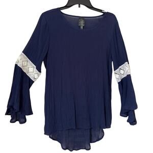 Rendezvous Large, Crêpe, Navy Blue Blouse, Bell Sleeves with White Lace Insert
